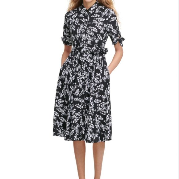 Calvin Klein Dresses & Skirts - Calvin Klein Black & White Short Sleeve Shirt Midi Dress with Belt - Size 16